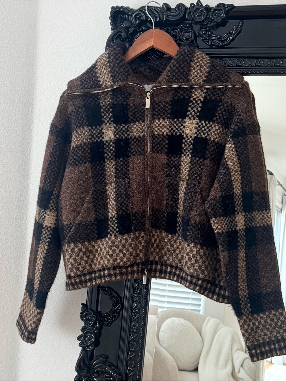 Zara | Women’s Checkered Bomber Knit Brown Plaid Zip Knit Sweater